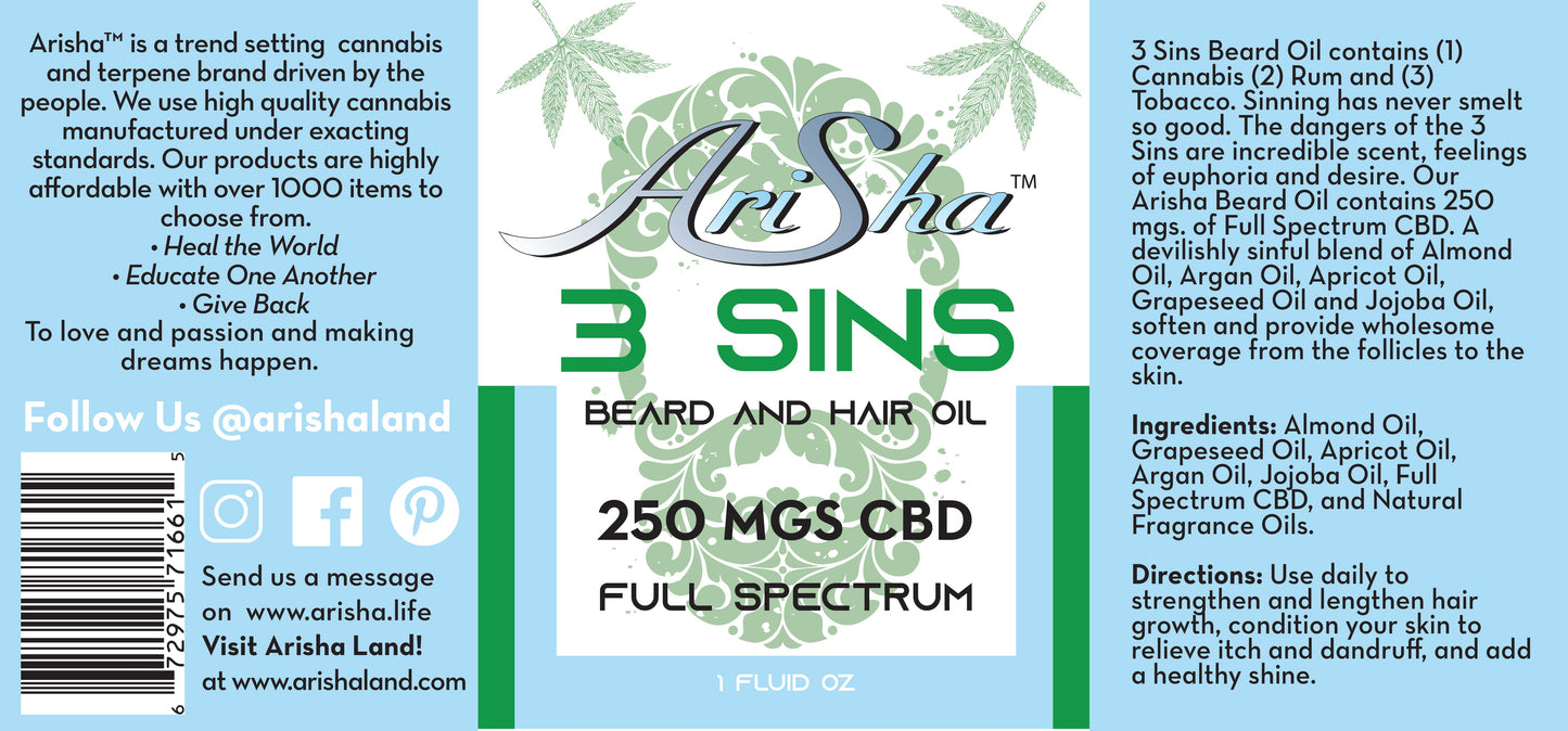 3 Sins Beard Oil (30 ml, 250 mg CBD)