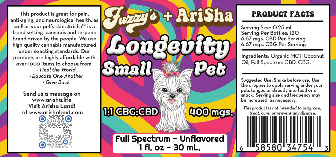 Pet Longevity (200 mgs. CBD, 200 mgs. CBG) Small Pet